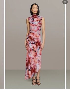 AMUR Sleeveless High-Neck Tie-Dye Midi Dress - Pink, Red, Blue